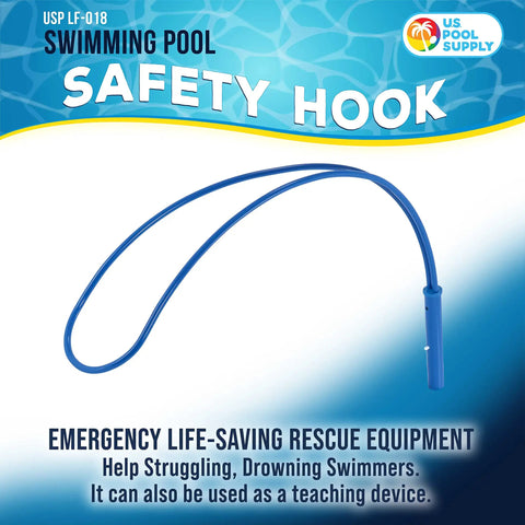 Heavy Duty Aluminum Pool Safety Hook Pole Engineered For Emergency Lifesaving Rescue To Reach Struggling Swimmers Fast Grab And Go with blue design.