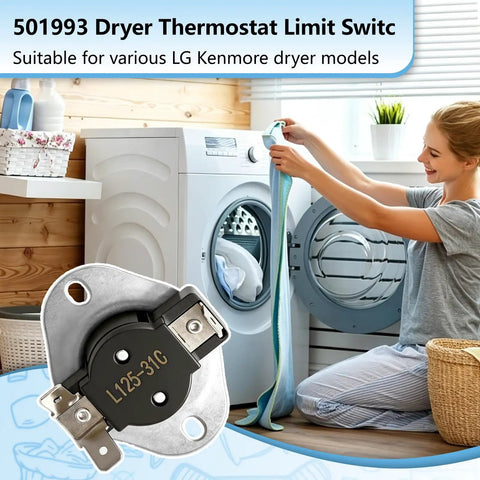 Dryer Thermostat Limit Switch Replacement 501993 60T11 L125-31C next to a woman doing laundry with dryer in background