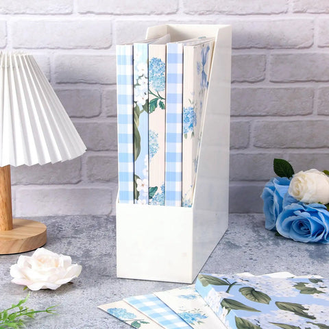 Hydrangea Floral File Folders Set, 24 Pack With One Third Cut Tabs, Four Designs in holder, home office setting.