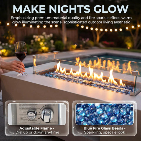 Outdoor Propane Fire Pit Table With 50,000 BTU, No Assembly, Low Profile Tank Table For Patio And Backyard, glass beads