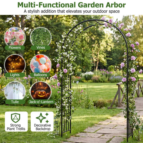 7.2 Ft Outdoor Steel Garden Arch Arbor With Stakes, wide sturdy black metal archway for climbing plants in garden setting