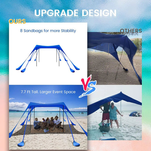 10x10 Ft Beach Shade Canopy Tent With 8 Sandbags, UPF Fifty Plus Sun Shelter For Beach Camping Fishing And Backyard, Elevated 7.7 Ft Height comparison