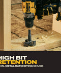 Heavy Hitter 20V Max Brushless Cordless Drill Driver with one half inch keyless chuck drilling into wood surface.