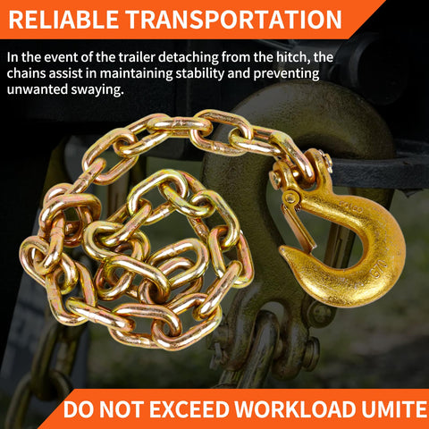 Two Pack Three Eighths Inch By Thirty Five Inch Grade 70 Trailer Safety Chain with Clevis Grab Hook, securing heavy cargo