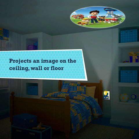 Paw Patrol Led Night Light Projector With Dusk To Dawn Sensor projecting image on nursery ceiling above bed