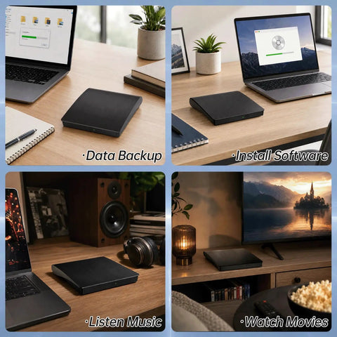 Ultra Portable External Blu Ray Drive With USB 3.0 And Type C For Mac And Windows, No Fuss Plug And Play, fast black slim external drive on desk