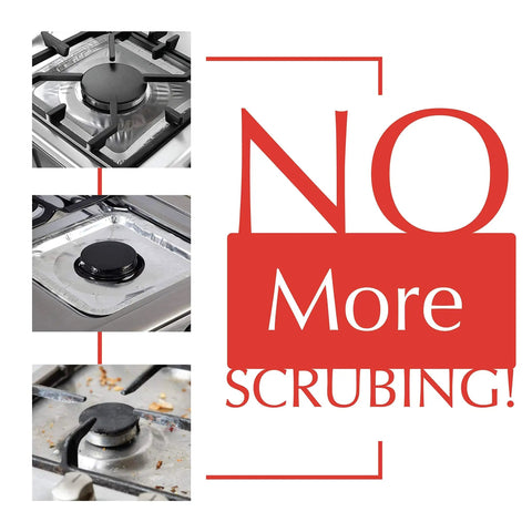 Three gas burners with 50 Pack Disposable Gas Burner Liners For No Scrub Cleanup And Easy Stove Upkeep Aluminum Foil covers.