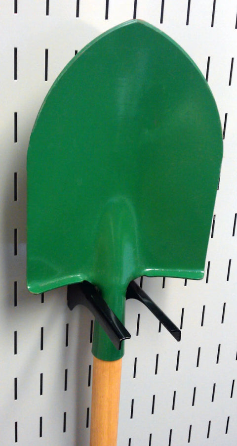 Shovel secured on a tool board using Black Metal Pegboard Hook For Tool Board With One And A Quarter Inch Handle Four Inch Deep And Thirty Five Pound Capacity Heavy Duty Rust Resistant Finish Secure Tool Board Engagement For Garage Organization.