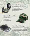 Lensed compass, camouflage cap, hand-crank flashlight visible; part of Outdoor Adventure Kit For Kids With Walkie Talkies, Binoculars, And Magnifying Glass.