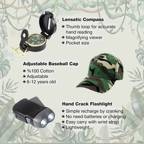 Lensed compass, camouflage cap, hand-crank flashlight visible; part of Outdoor Adventure Kit For Kids With Walkie Talkies, Binoculars, And Magnifying Glass.