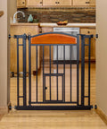 Walk Through Pet Gate With Cherry Wood Accents And Black Finish, Sturdy Metal Frame, Expands From 30.5 To 33.5 Inches, 30 Inch Tall, Pressure Mount