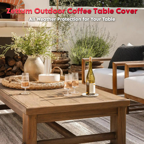 Outdoor coffee table in garden setting, covered, illustrating use of Outdoor Coffee Table Cover Heavy Duty 600D Waterproof All Weather Protection.