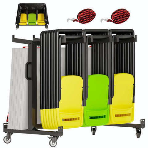 One Stop Folding Chair And Table Storage Cart With Rolling Wheels Holds 42 Chairs And 12 Tables Includes Rain Cover And Bungee Cords Perfect For Schools Banquets And Community Centers, displaying yellow and green chairs
