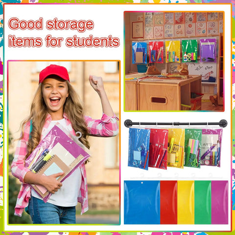 30 Piece Hanging Book Storage Bags With Hooks Clear Book Buddies for Students in Red, Yellow, Blue, Green, Purple displayed in classroom.