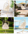 Collage of Swing Egg Chair with Stand in various indoor and outdoor settings, beige color, wicker rattan, 350 lb capacity.