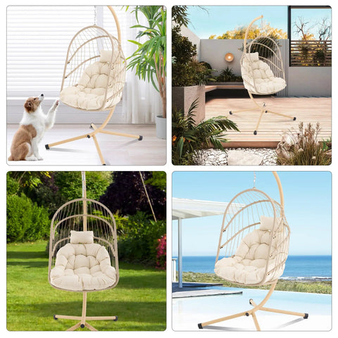 Collage of Swing Egg Chair with Stand in various indoor and outdoor settings, beige color, wicker rattan, 350 lb capacity.