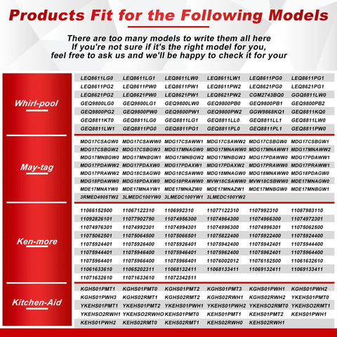 Chart showing compatible models for Whirlpool, Maytag, Kenmore, and KitchenAid in the Premium 4392067 Dryer Repair Kit.