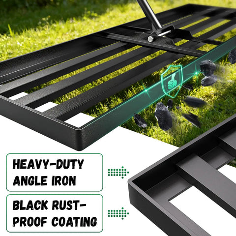Heavy Duty Lawn Leveling Rake With 78 Inch Long Handle 36 By 12 Inch Head Ground Leveler, black rust-proof coated metal head
