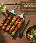 Three Prong Stainless Steel Grilling Skewers With Push Off Slider 14.7 Inch Reusable Metal Kabob Skewers Two Pack With Storage Bag