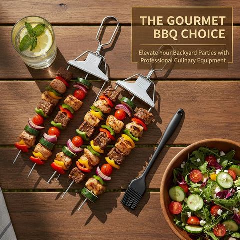Three Prong Stainless Steel Grilling Skewers With Push Off Slider 14.7 Inch Reusable Metal Kabob Skewers Two Pack With Storage Bag