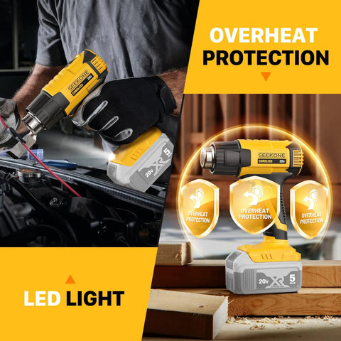 Cordless Heat Gun With Dual Temperature Modes 1022F And 572F, LED light, used in automotive repair and DIY projects.