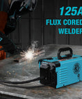 Person using 125 Amp Flux Core MIG Welder For 120V Home DIY Projects Gasless Welder Kit on metal