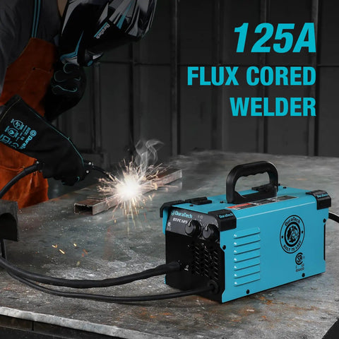 Person using 125 Amp Flux Core MIG Welder For 120V Home DIY Projects Gasless Welder Kit on metal