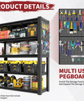 Badass Heavy Duty Storage Shelving With Pegboard 5 Tier Metal Rack Unit Max 2000 Lb Capacity Built Like A Tank For Garage Workshop And Home Storage Black Steel with tools organized.