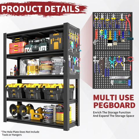 Badass Heavy Duty Storage Shelving With Pegboard 5 Tier Metal Rack Unit Max 2000 Lb Capacity Built Like A Tank For Garage Workshop And Home Storage Black Steel with tools organized.