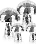Mushroom Disco Ball Set Of Four, Silver Mirror Glitter Balls For Stage And Home Party Decor, showcasing 4, 6, 7 inch sizes.