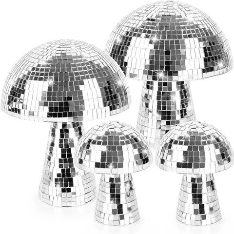 Mushroom Disco Ball Set Of Four, Silver Mirror Glitter Balls For Stage And Home Party Decor, showcasing 4, 6, 7 inch sizes.