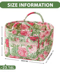 Top Shelf Floral Cotton Storage Baskets 3 Pack Quilted Organizer Bins For Clothes Cosmetics And Everyday Essentials Soft padded floral storage basket with size details and handles.