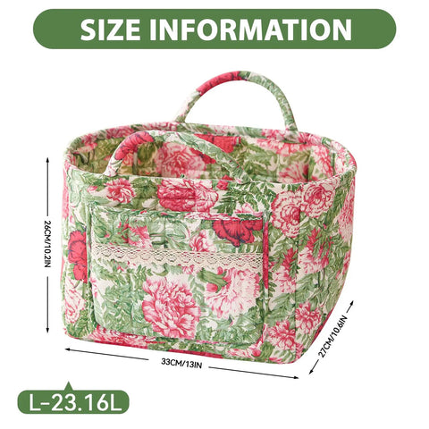Top Shelf Floral Cotton Storage Baskets 3 Pack Quilted Organizer Bins For Clothes Cosmetics And Everyday Essentials Soft padded floral storage basket with size details and handles.