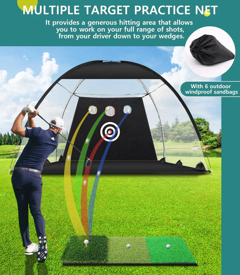 Golfer using Backyard Driving Practice Net 10x7 Ft With Tri Turf Mat For Indoor Or Outdoor Golf Training with target pockets