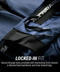 Core Mid Thigh Fight Shorts For NoGi JiuJitsu Blue Medium Freedom Of Movement with silicone-lined waistband and drawstrings