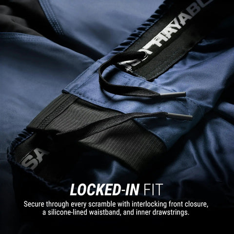Core Mid Thigh Fight Shorts For NoGi JiuJitsu Blue Medium Freedom Of Movement with silicone-lined waistband and drawstrings