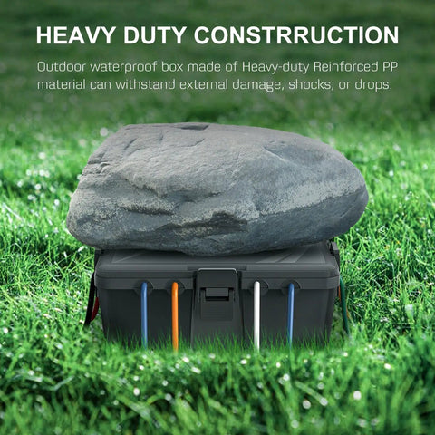 Heavy Duty Outdoor Electrical Junction Box With IP54 Waterproof Shield And Bully Tight Cord Locks For Reliable Extension Cover showing rock on top, grass background.