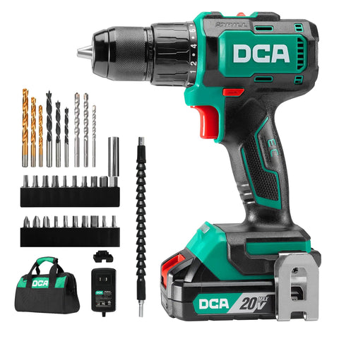 20V Brushless Cordless Hammer Drill with bits and accessories, 492 inch-pounds of torque, keyless chuck, compact design, 2Ah battery