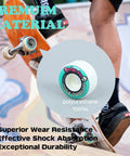 Skateboarder performing a trick with 54Mm By 32Mm 100A Skateboard Wheels for street and bowl tricks, close-up with text overlay.