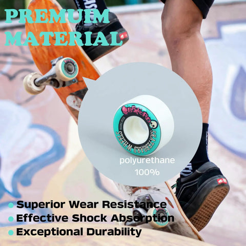 Skateboarder performing a trick with 54Mm By 32Mm 100A Skateboard Wheels for street and bowl tricks, close-up with text overlay.