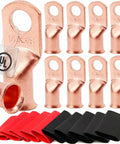 Beefed Up Heavy Duty One Zero AWG Battery Lugs Kit With Three Eighth Inch Ring Terminals Copper Lugs Closed End Connectors Includes Ten Four To One Heat Shrink Tubing Five Black Five Red For Battery Cable Ends