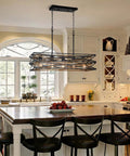 Farmhouse Style 33.5 Inch Five Light Linear Chandelier With Retro Wood Texture for dining room and kitchen island over table.