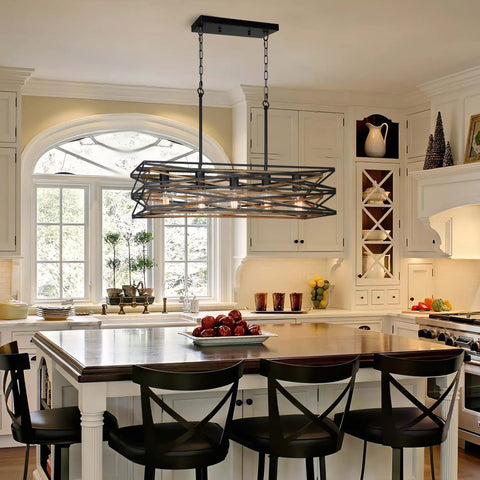 Farmhouse Style 33.5 Inch Five Light Linear Chandelier With Retro Wood Texture for dining room and kitchen island over table.