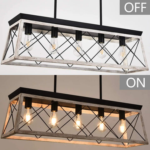 Farmhouse Rectangular Five Light Chandelier For Kitchen Island Rustic Iron Frame With Faux Wood Grain Finish Beige E26 Pendant Lighting Fixture For Dining Room Chic And Timeless, displayed in on and off states