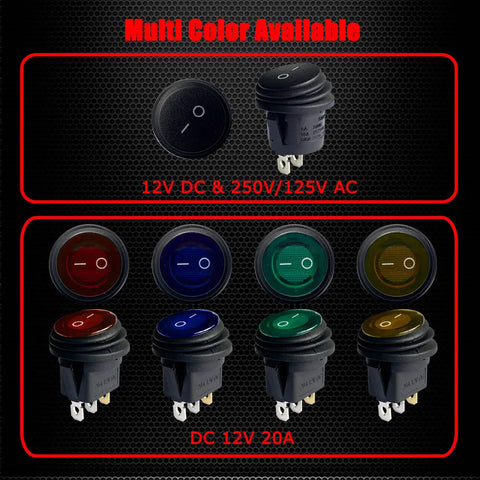 Waterproof Round Rocker Switches On Off 12V DC 20A And 125V And 250V AC SPST multi-color set with black casing