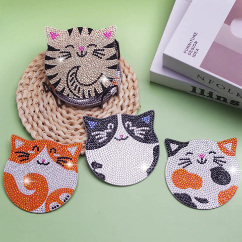 Cat Diamond Painting Coaster Kit Set With Holder Dope 6 Piece Diamond Art Coasters DIY Crafts For Adults on display