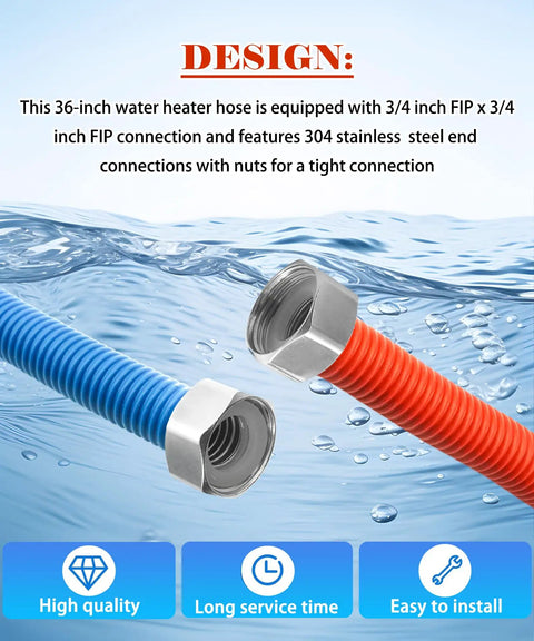 36 Inch Flexible Stainless Steel Corrugated Water Heater Connector With Three Quarter FIP Ends Hot and Cold Red Blue Coding