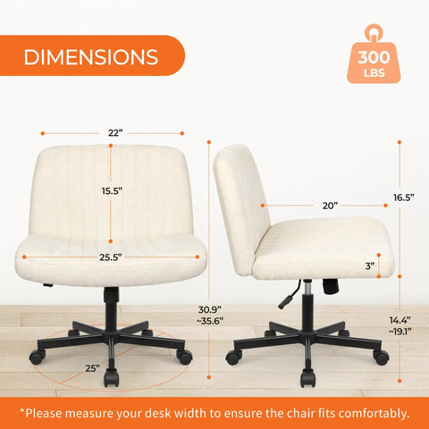 Dimensions of Cross Legged Comfy Office Desk Chair With Wheels Armless Swivel Fabric Seat Wide Space Beige Wheel Adjustable