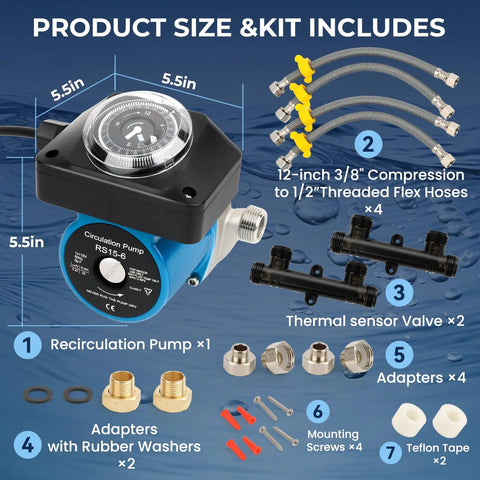 Heavy Duty Hot Water Recirculating Pump Kit For Tank Water Heaters Featuring Programmable Timer And Two Sturdy Brass Bypass Valves, components and size.