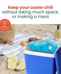 Beach scene with cooler containing Slim Reusable Ice Packs For Coolers And Lunch Boxes Set Of 4 Long Lasting Freezer Packs.